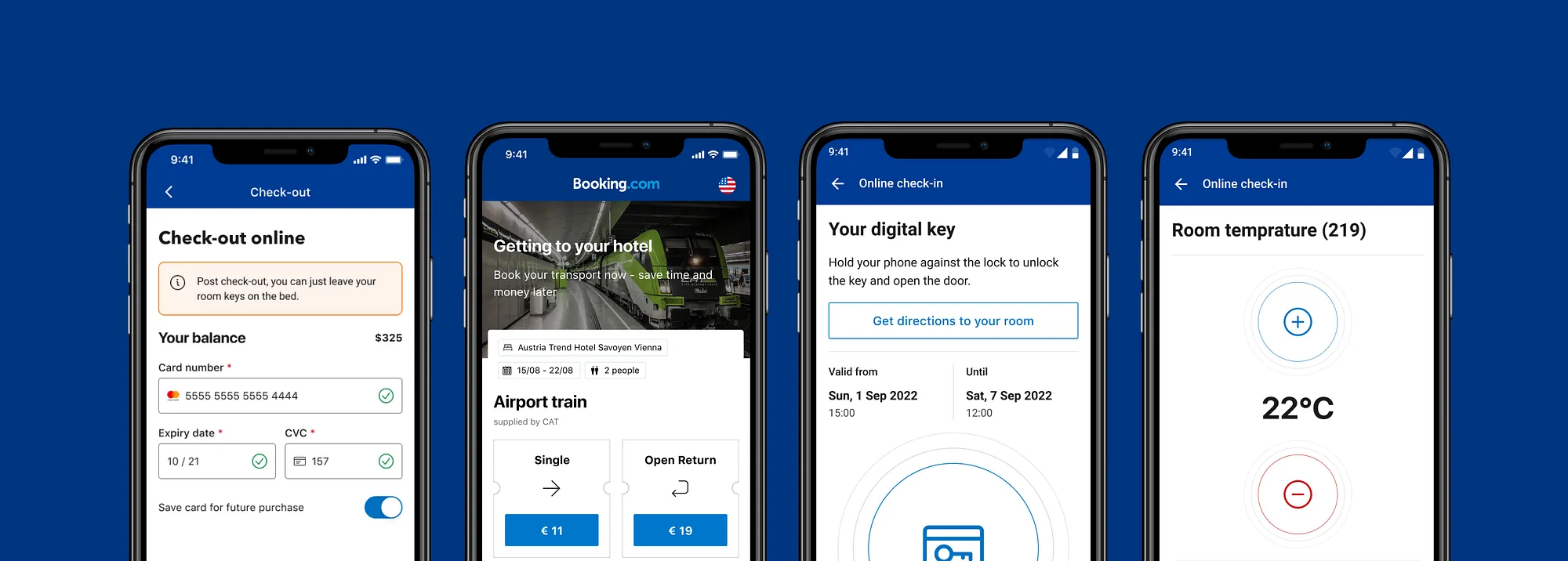 Check-out online balance and card entry, airport train booking, digital key and room temperature control