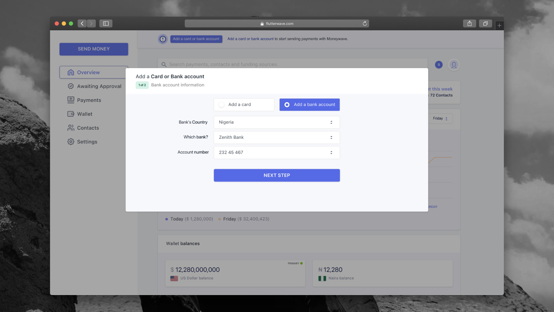 Two-step add a card or bank account modal asking for country, bank and account number