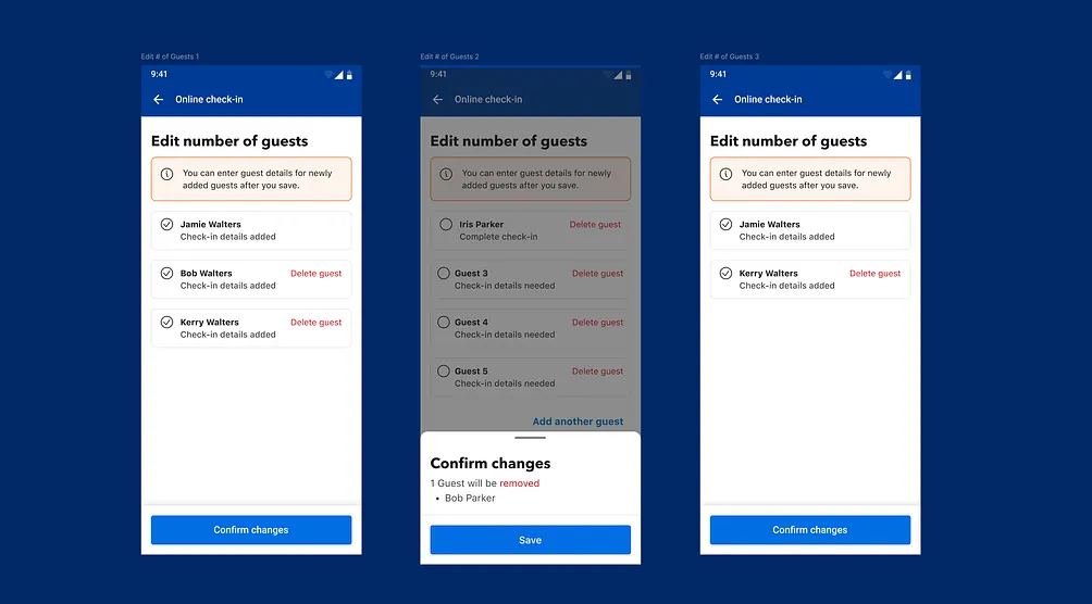 Edit number of guests flow with add, remove and confirm-changes states