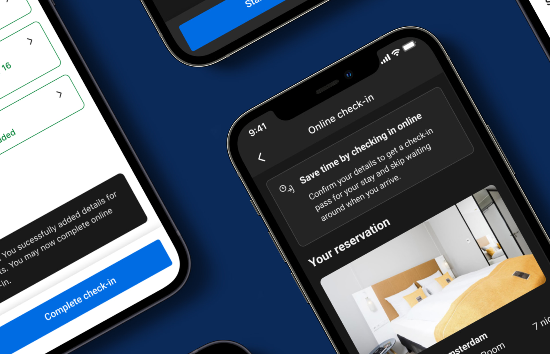 Booking.com Online Check-in — the check-in prompt and reservation screen in light and dark mode