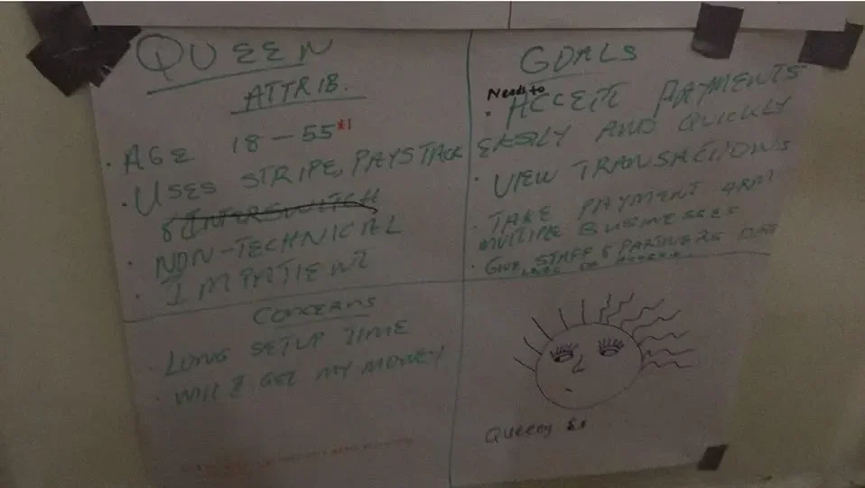 Hand-drawn persona sheet for Queen, a non-technical independent entrepreneur