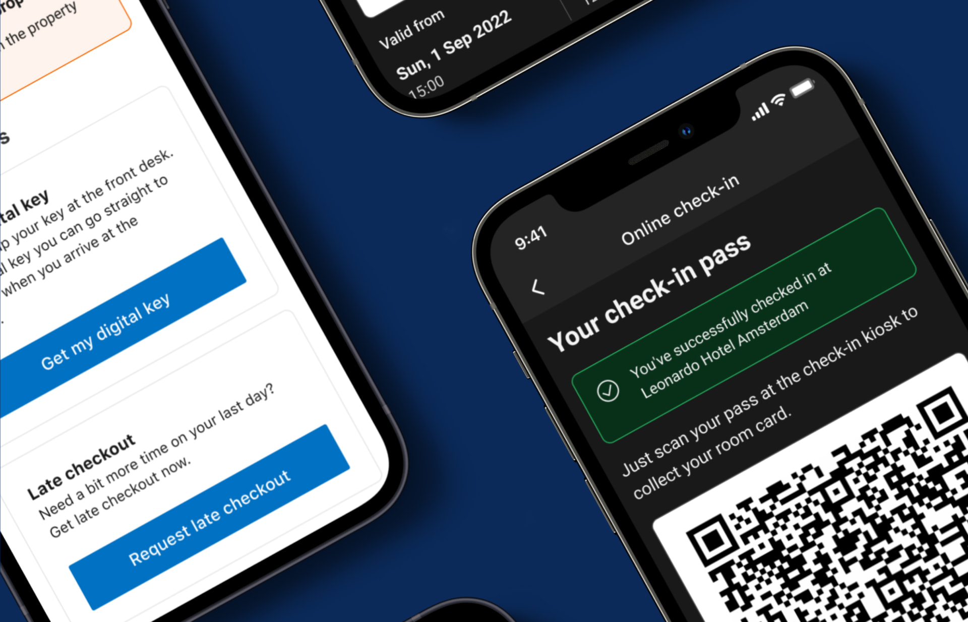 Digital check-in pass with QR code, digital key and late checkout options