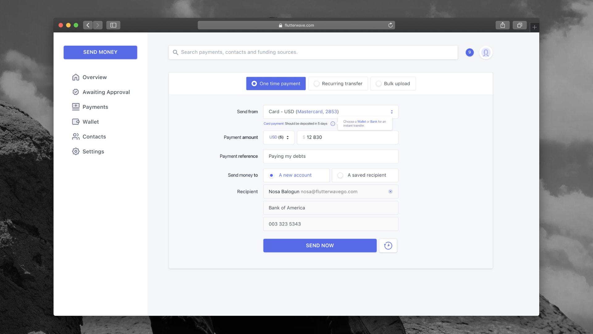 Moneywave send money form with one-time, recurring and bulk upload modes