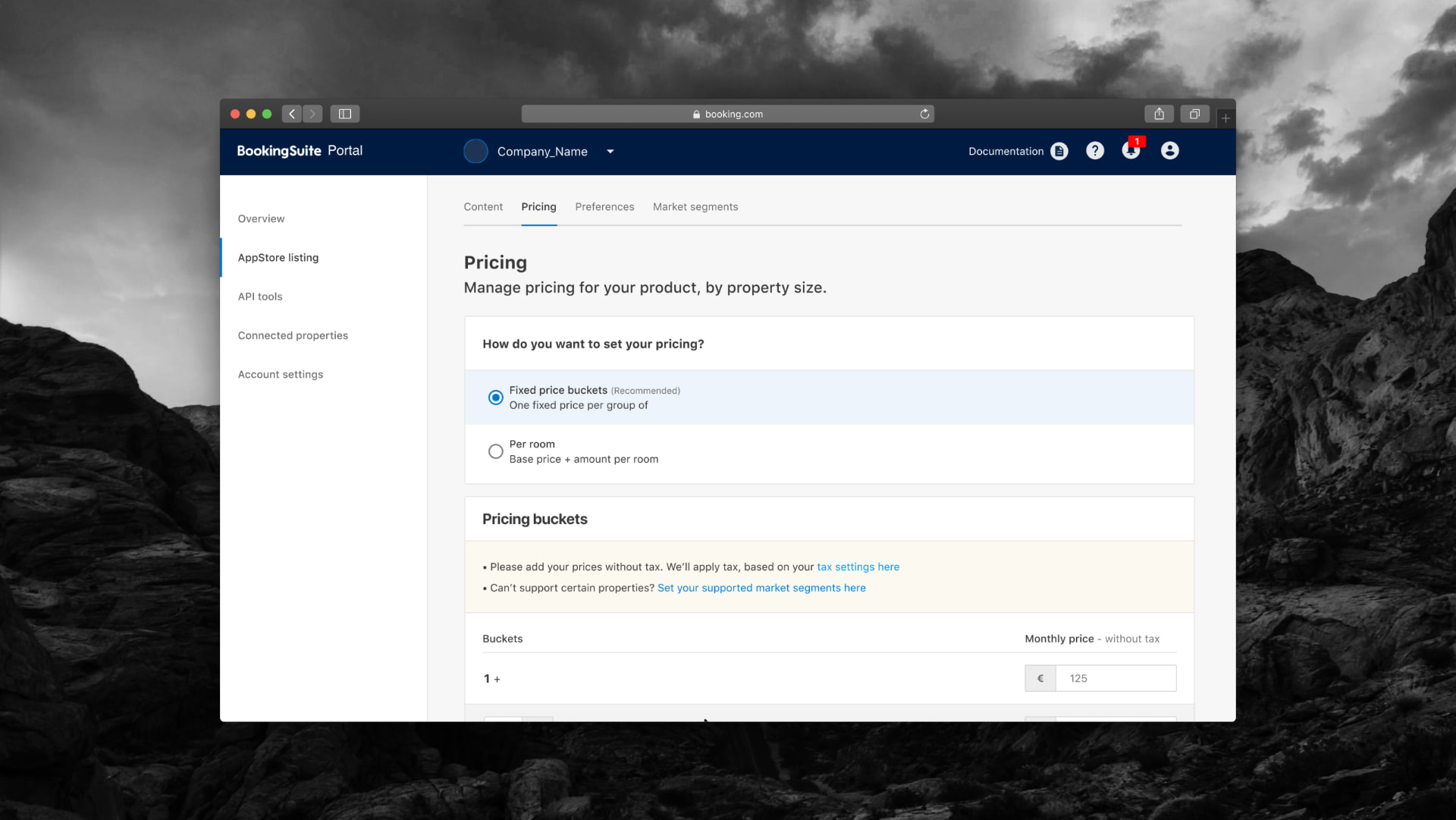 BookingSuite Provider Portal pricing page with fixed-price buckets and per-room options
