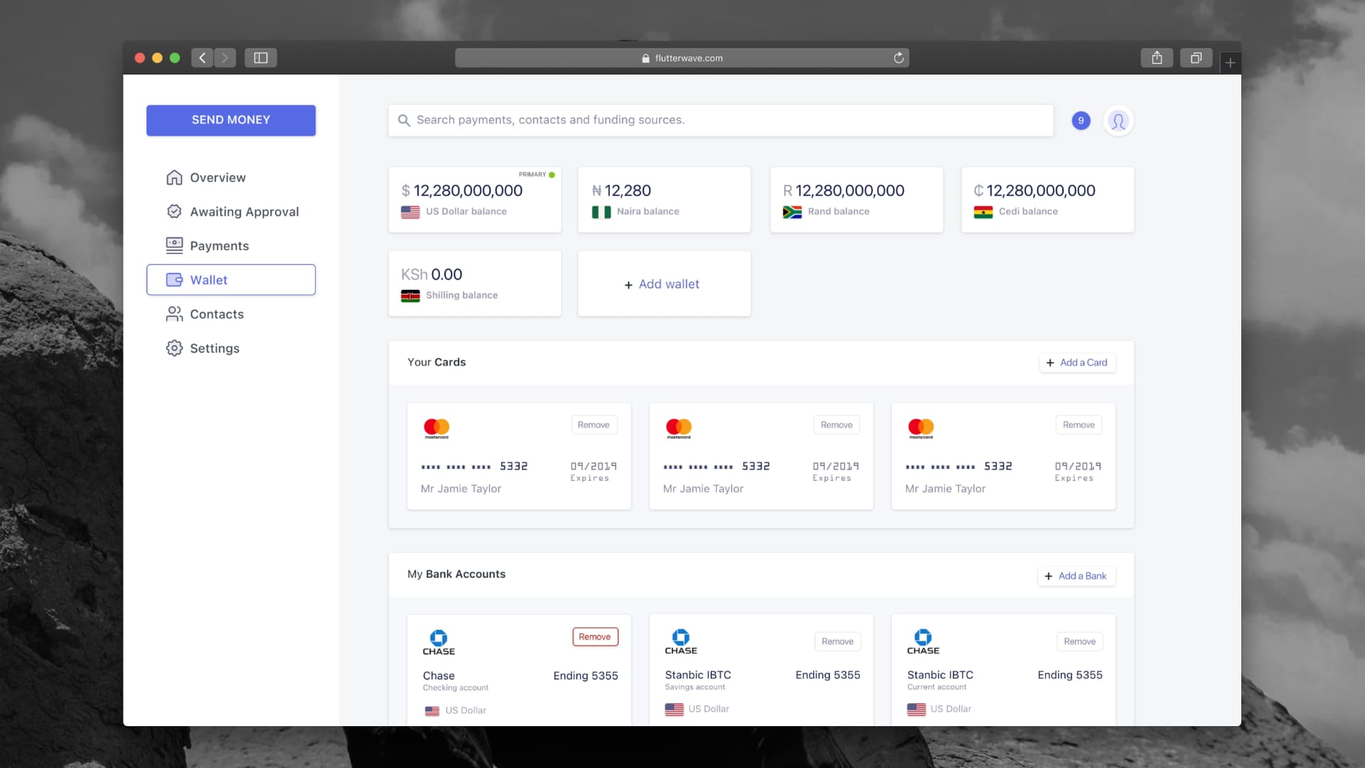 Moneywave wallet screen with five currency balances, saved cards and linked bank accounts