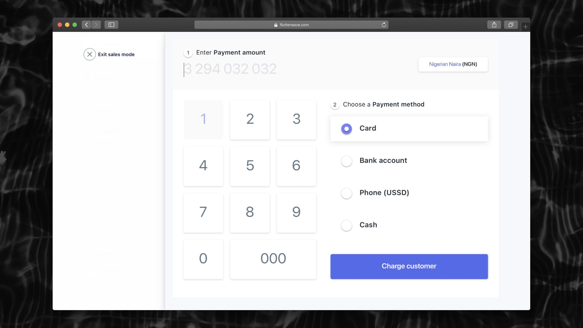 Rave Salesmode — virtual POS keypad with payment method selection