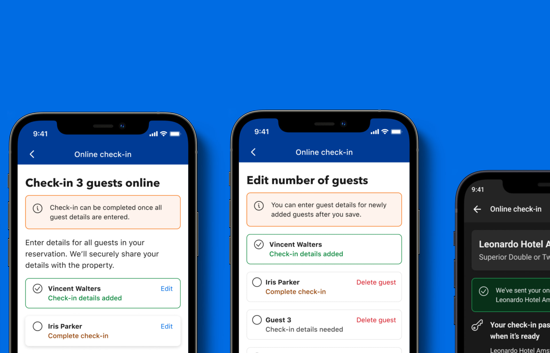 Check-in three guests online screen showing per-guest completion states