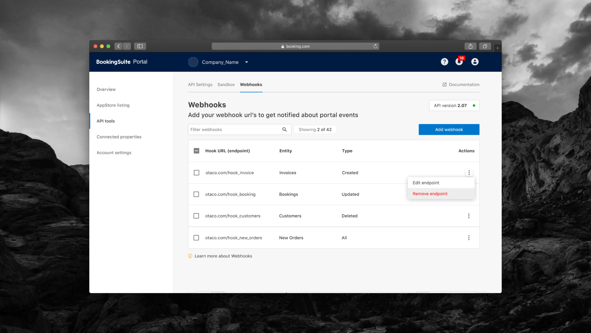 BookingSuite Provider Portal webhooks page listing endpoints for invoices, bookings, customers and orders