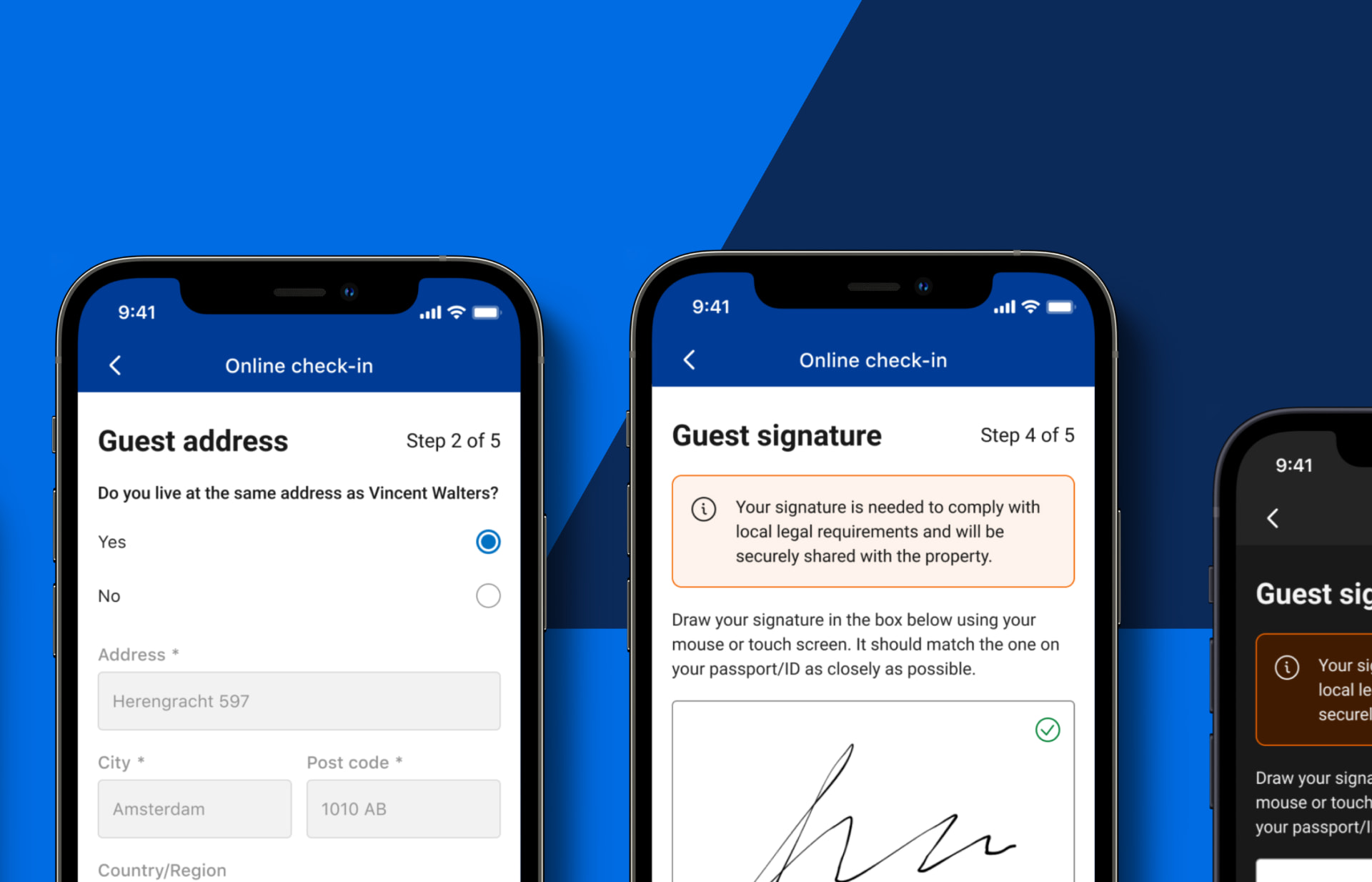 Booking.com online check-in guest address and guest signature steps with legal-requirement messaging