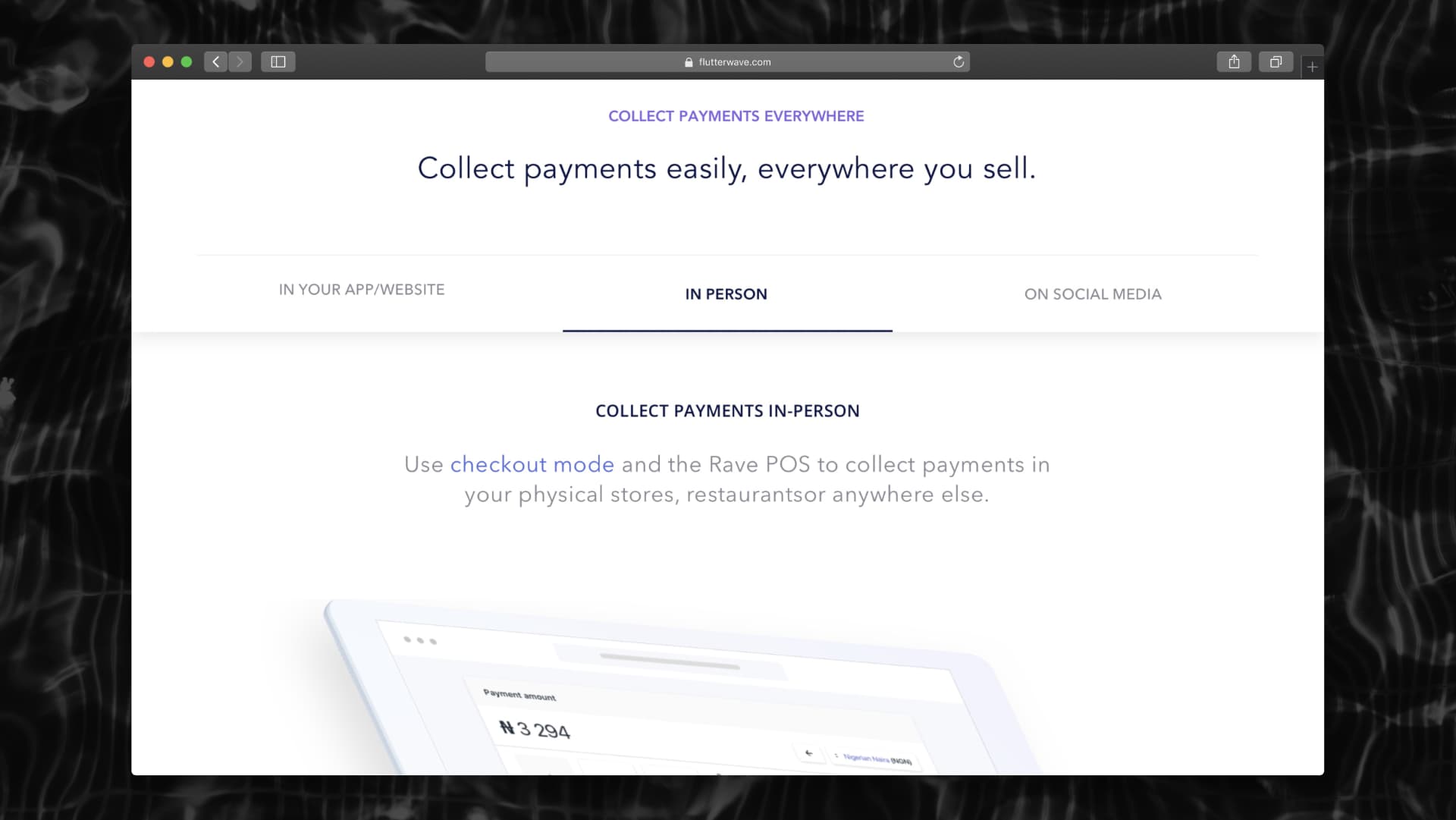 Rave marketing page — collect payments in your app, in person, or on social media