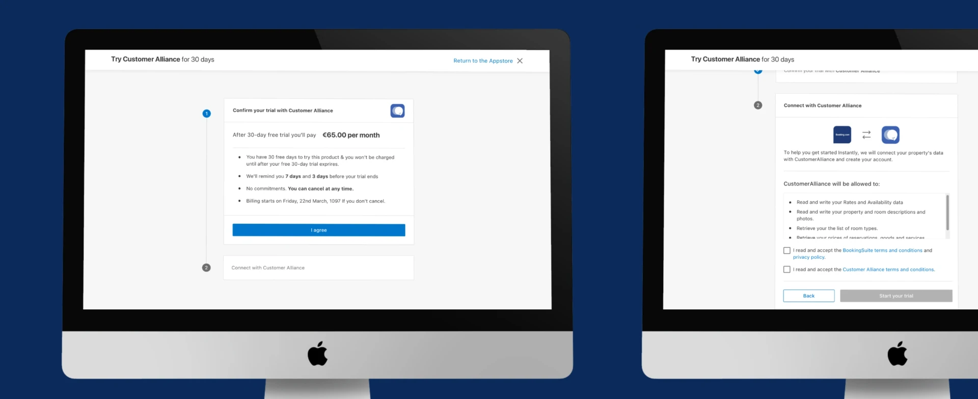 Desktop trial confirmation and provider connection steps in the Booking.com App Store