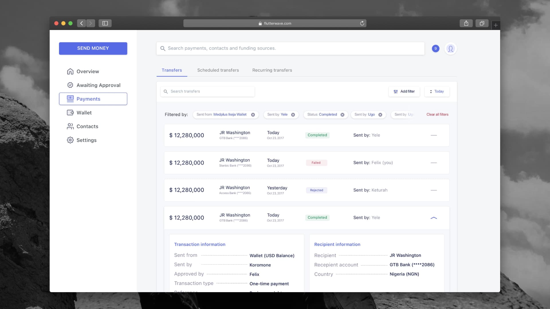 Moneywave transfers list with filter chips, per-transfer status and an expanded row showing transaction and recipient details