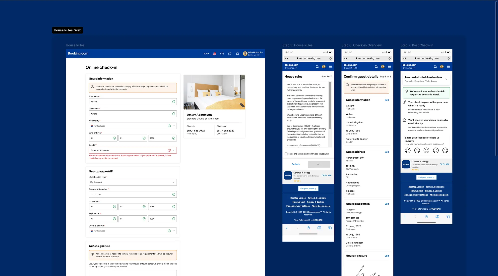 Desktop single-page online check-in form alongside mobile house rules, confirmation and post check-in steps
