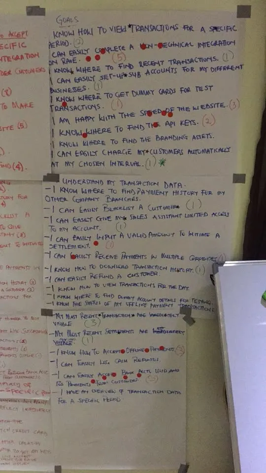 Workshop sheets listing user goals for Rave with dot-vote counts