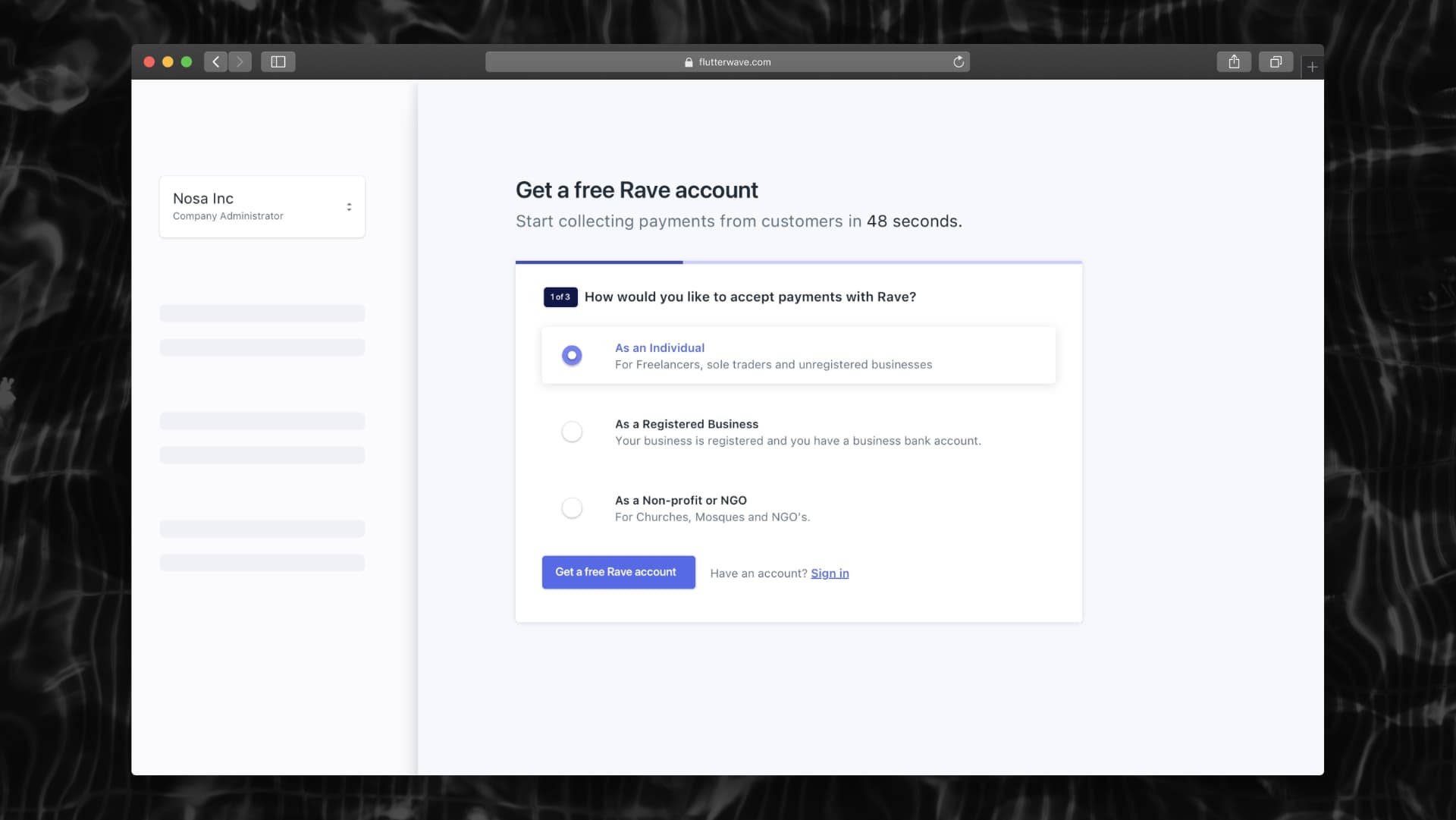 Rave signup — choosing an account type before any form fields