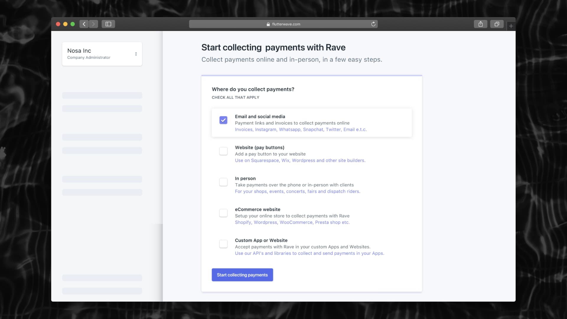 Rave onboarding — choosing where payments are collected