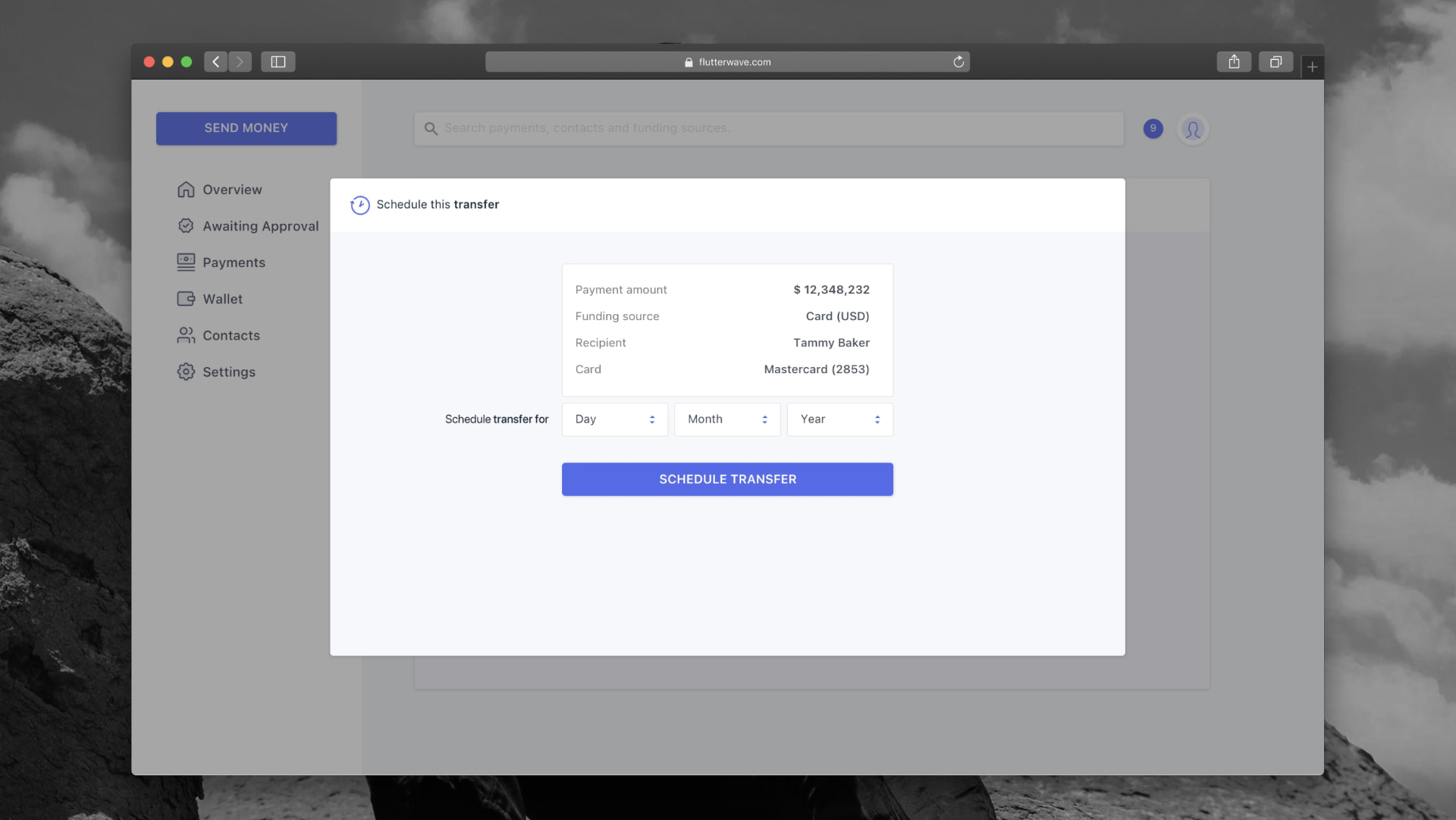 Schedule this transfer modal summarising amount, funding source, recipient and card before choosing a date
