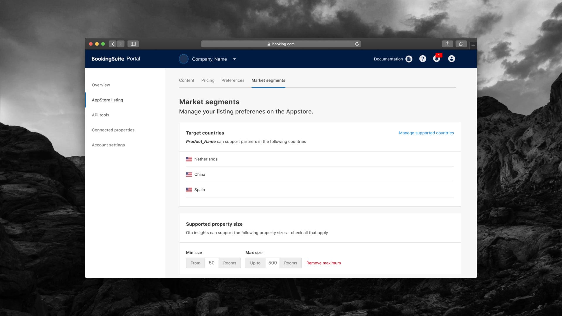 BookingSuite Provider Portal market segments page with target countries and supported property sizes