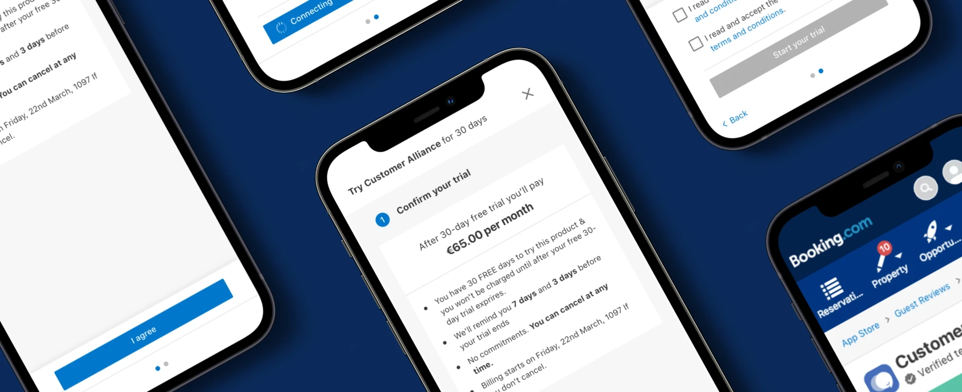 Mobile screens of the Booking.com App Store trial flow