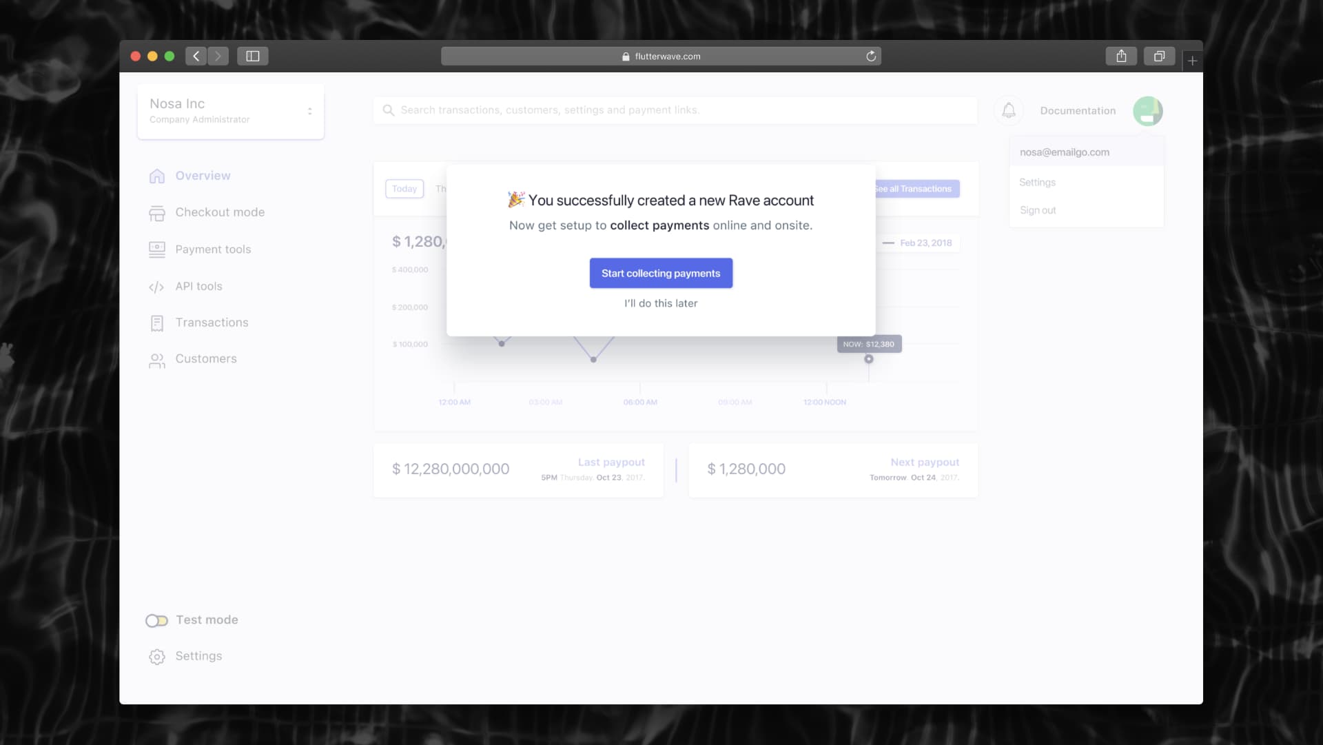 Rave — account created, handing straight off to payment setup