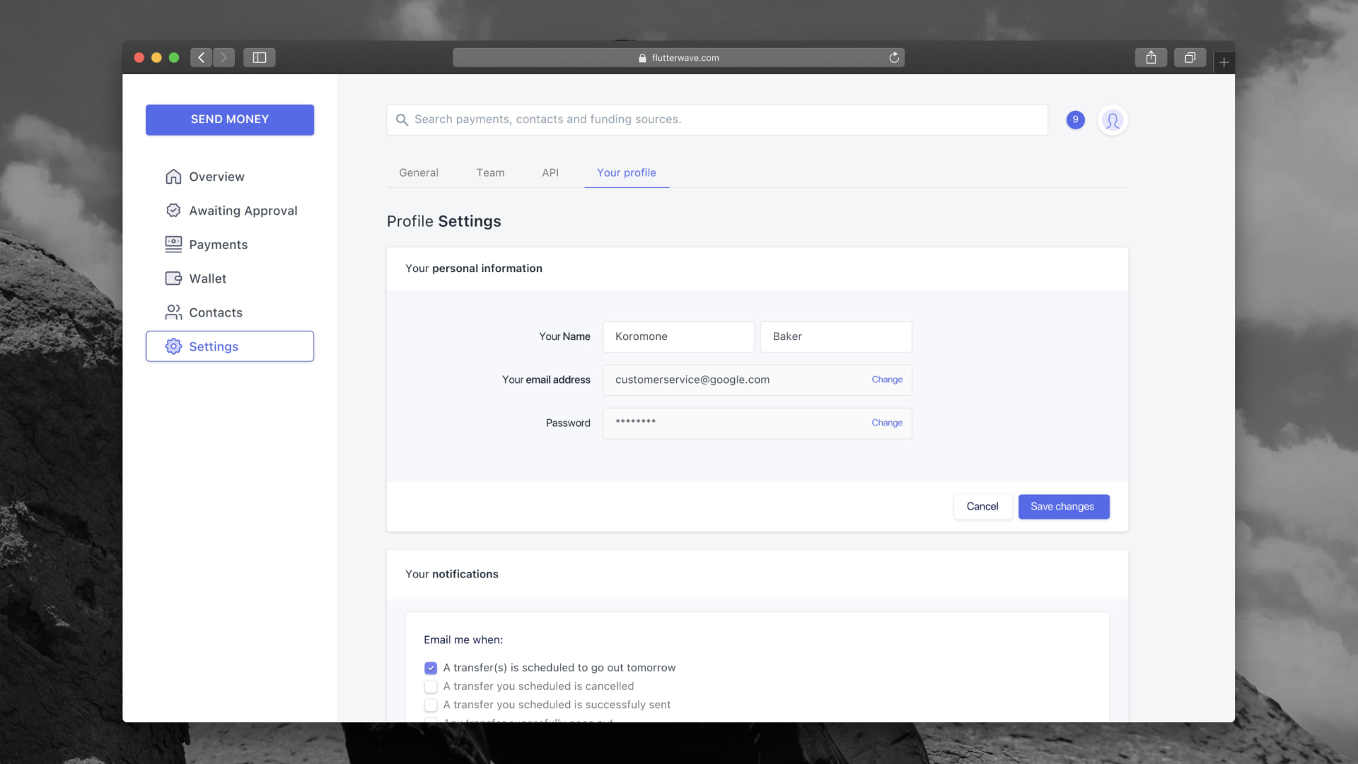 Moneywave profile settings with personal information and per-event email notification preferences